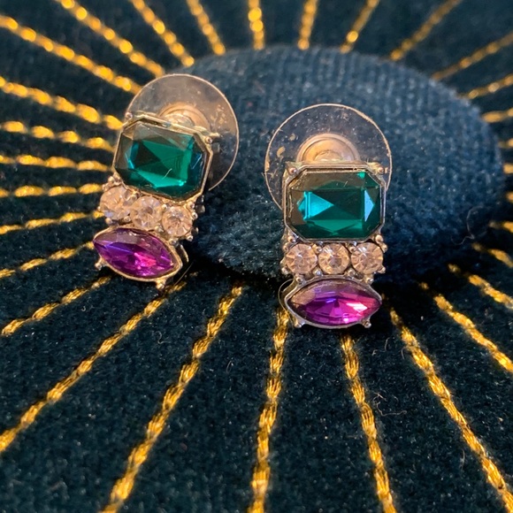 VINTAGE Silver Emerald & Amethyst Costume Earrings - Picture 4 of 4